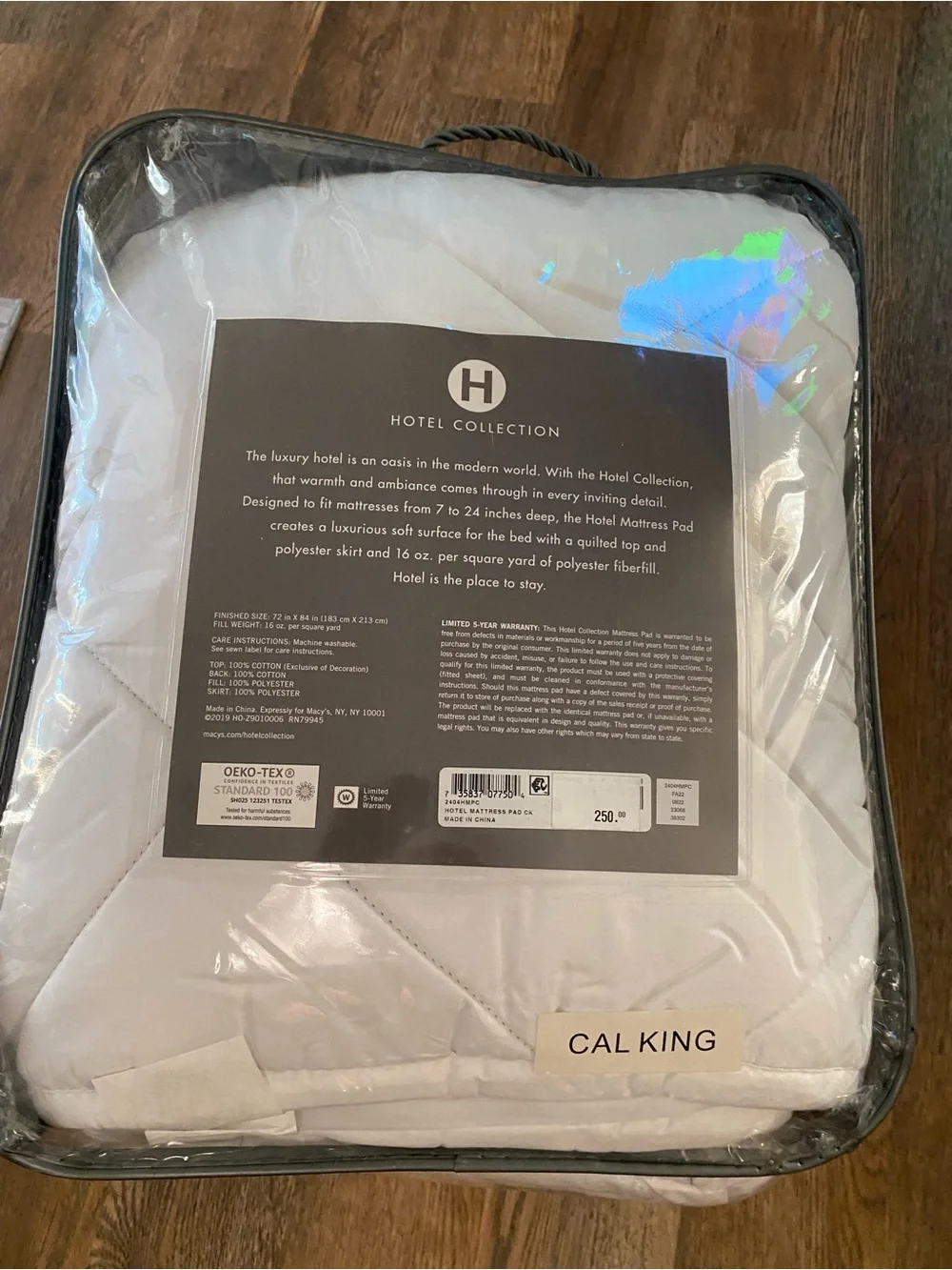 Hotel Collection 500 Thread Cotton Hypoallergenic Matress Pad CAL KING open box